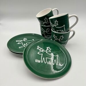 Caribou Coffee Reindeer Mug Plate Set Green White Handpainted 1999 Holiday 8pc